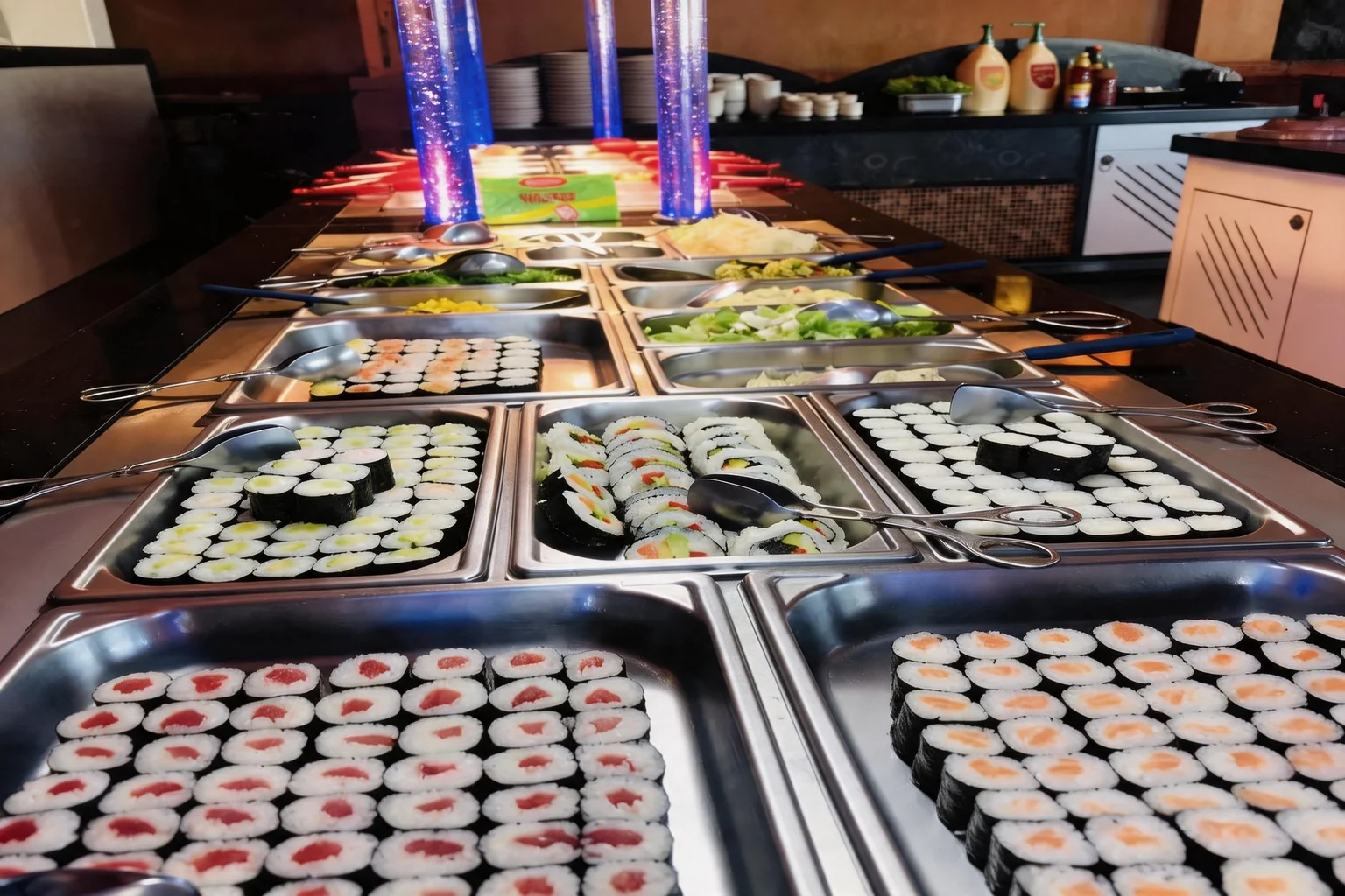 Long buffet counter with salad and condiment trays.