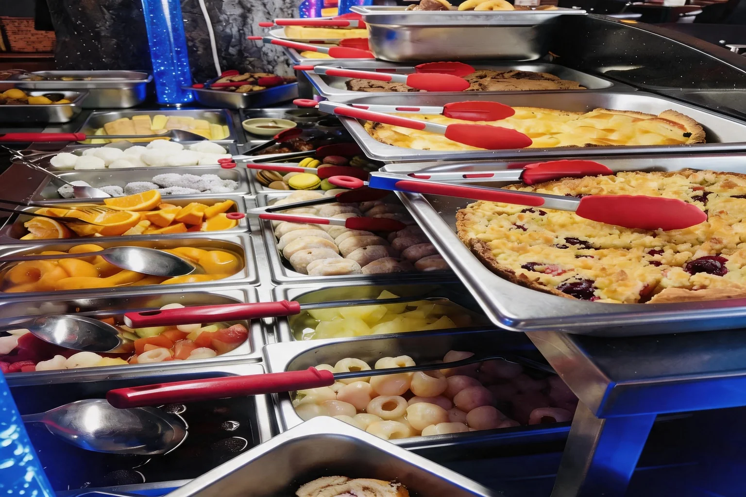 Dessert buffet with fruit, tarts and mochi.