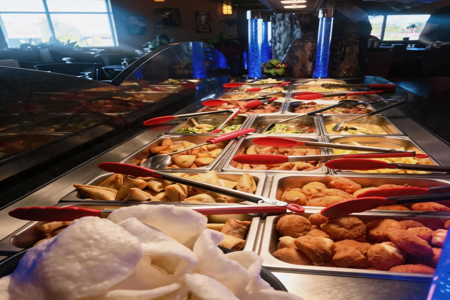 Hot buffet trays with fritters, samosas and vegetables.