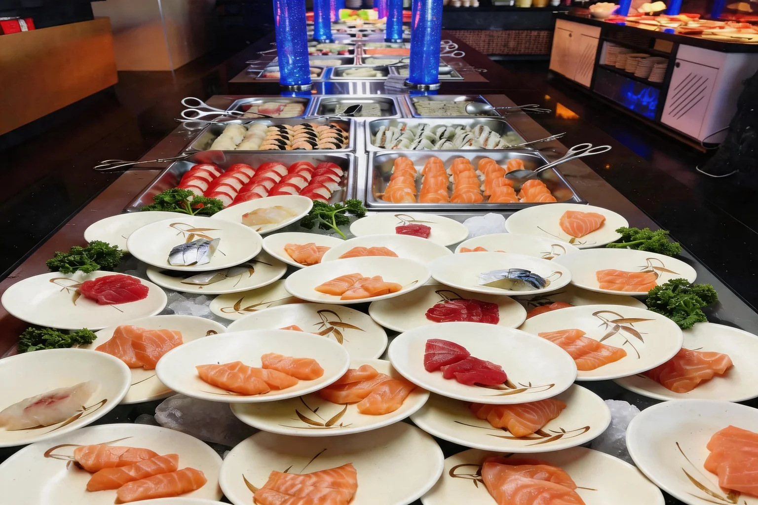 Plates of salmon and tuna sashimi arranged on crushed ice.
